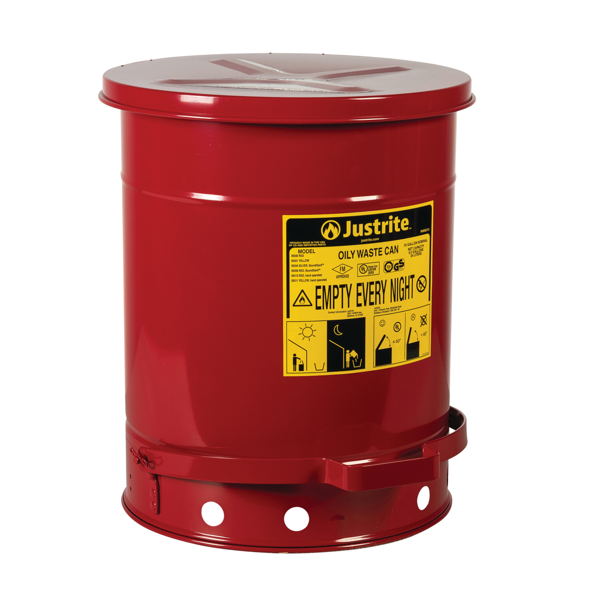 Justrite Oily Waste Can — 10-Gallon, Hands-Free, Self-Closing Cover, SoundGard, Red, Model# 09308